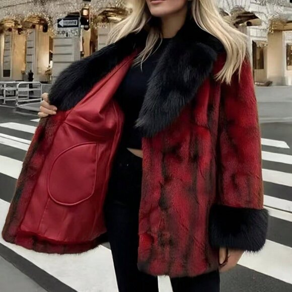 black -Red Women's belted Long Sleeve Faux Fur Jacket coat - Picture 5 of 8